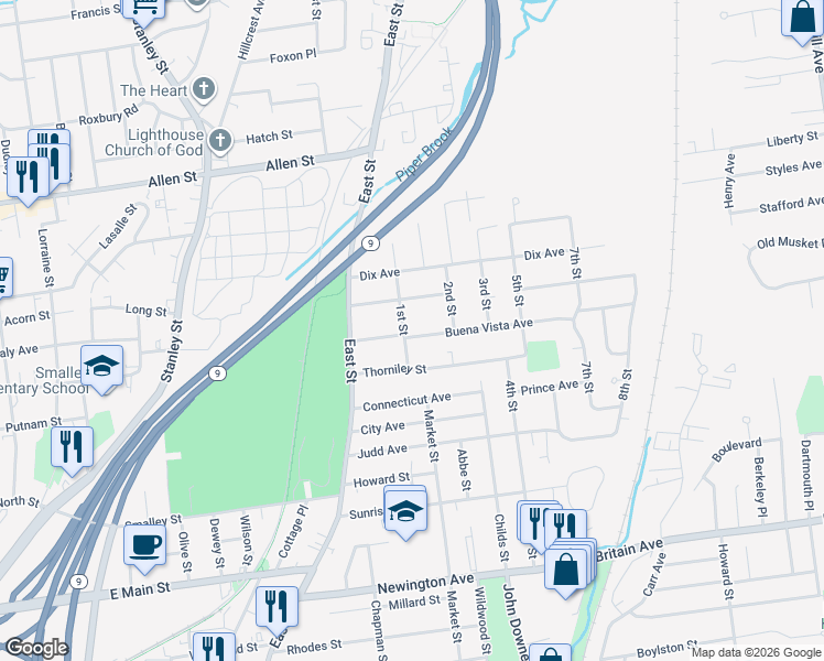 map of restaurants, bars, coffee shops, grocery stores, and more near 26 Buena Vista Avenue in New Britain