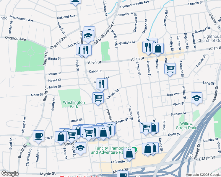 map of restaurants, bars, coffee shops, grocery stores, and more near 29 Curtin Street in New Britain