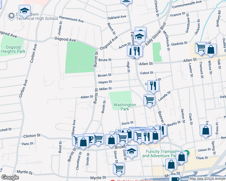 map of restaurants, bars, coffee shops, grocery stores, and more near 94 Miller Street in New Britain