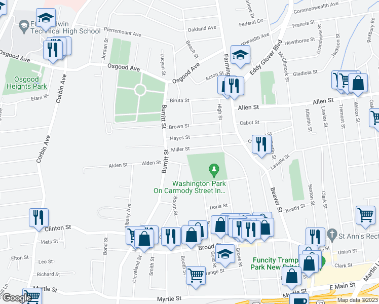map of restaurants, bars, coffee shops, grocery stores, and more near 148 Miller Street in New Britain