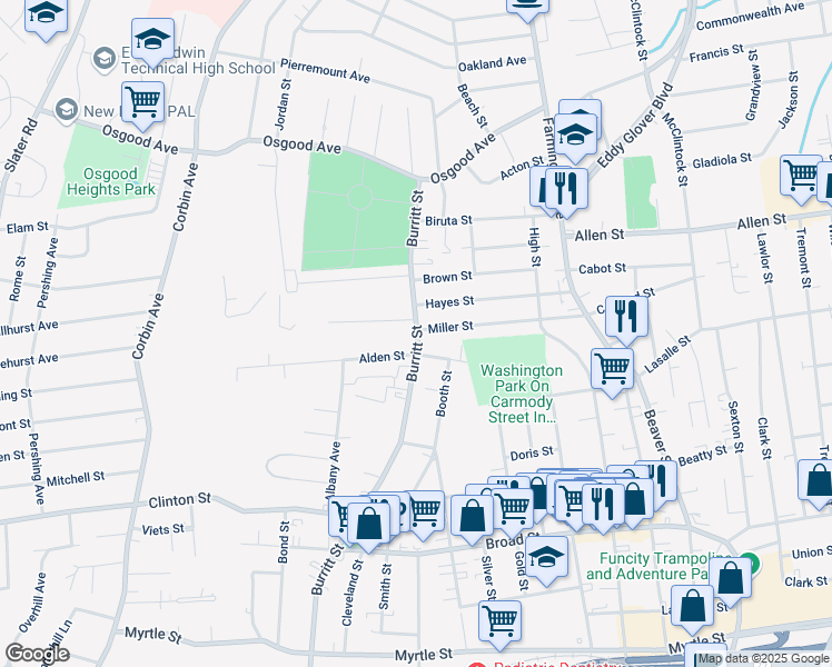 map of restaurants, bars, coffee shops, grocery stores, and more near in New Britain