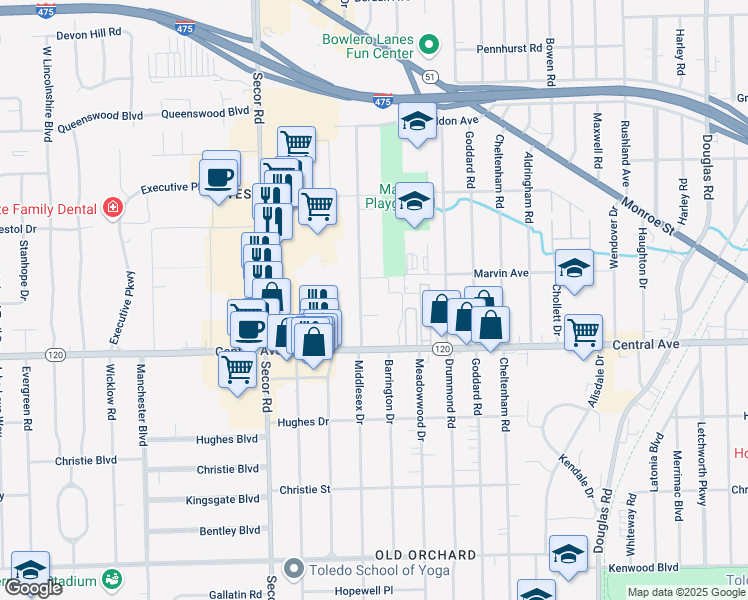 map of restaurants, bars, coffee shops, grocery stores, and more near 3148 Middlesex Dr in Toledo