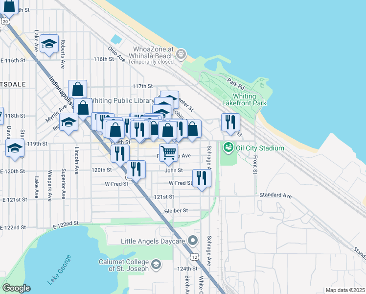 map of restaurants, bars, coffee shops, grocery stores, and more near 1522 119th Street in Whiting