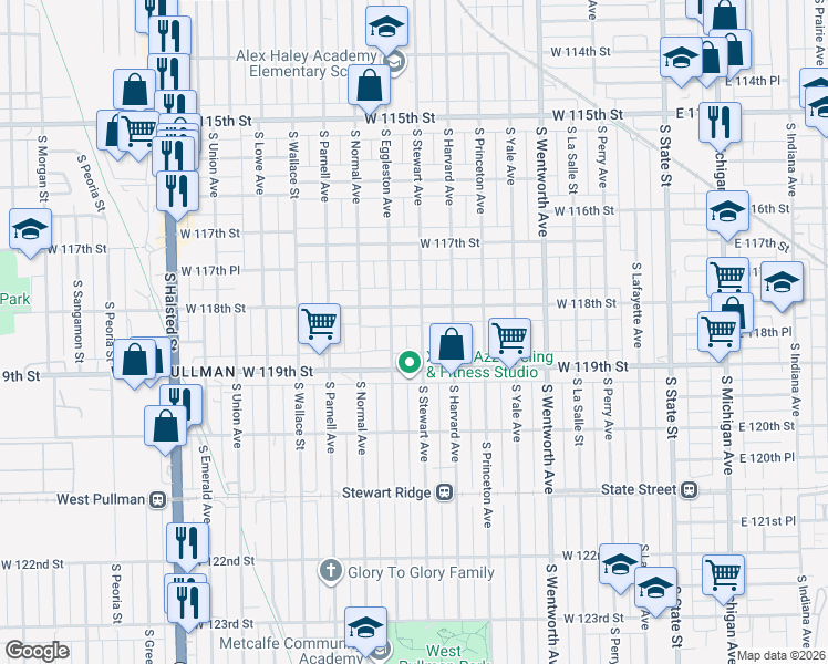 map of restaurants, bars, coffee shops, grocery stores, and more near 11817 South Eggleston Avenue in Chicago