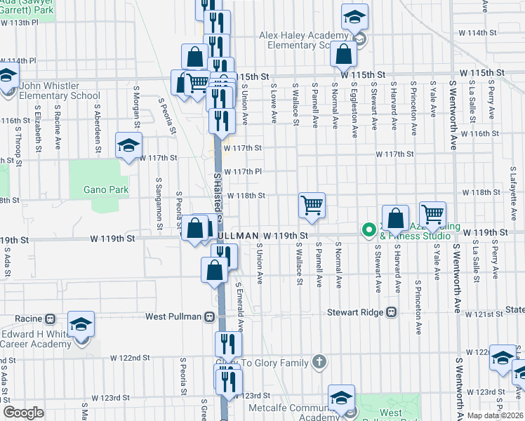 map of restaurants, bars, coffee shops, grocery stores, and more near 11819 South Union Avenue in Chicago