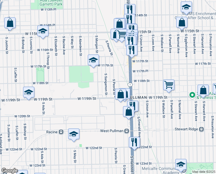 map of restaurants, bars, coffee shops, grocery stores, and more near 11816 South Peoria Street in Chicago