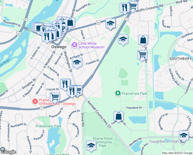 map of restaurants, bars, coffee shops, grocery stores, and more near 4390 Illinois 71 in Oswego