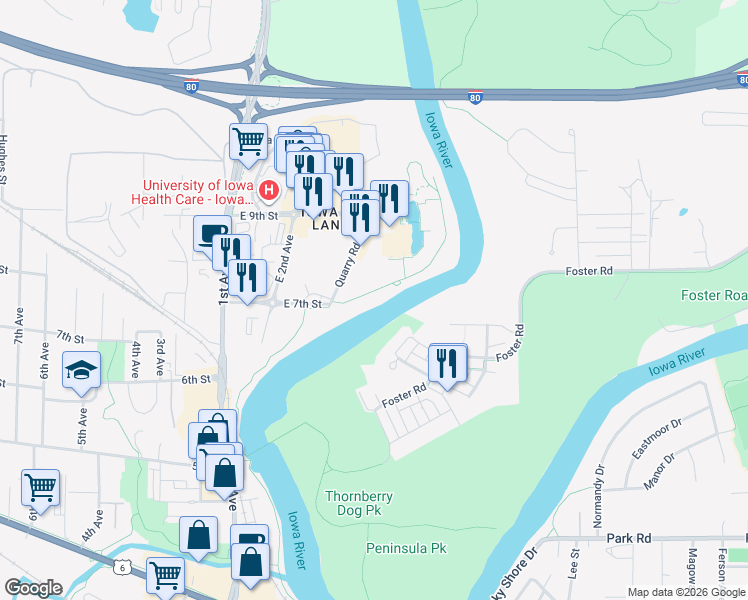 map of restaurants, bars, coffee shops, grocery stores, and more near 150-998 Edgewater Dr in Coralville