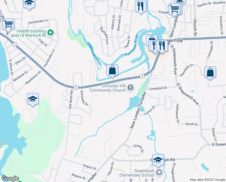 map of restaurants, bars, coffee shops, grocery stores, and more near 9 Field Ave in West Warwick