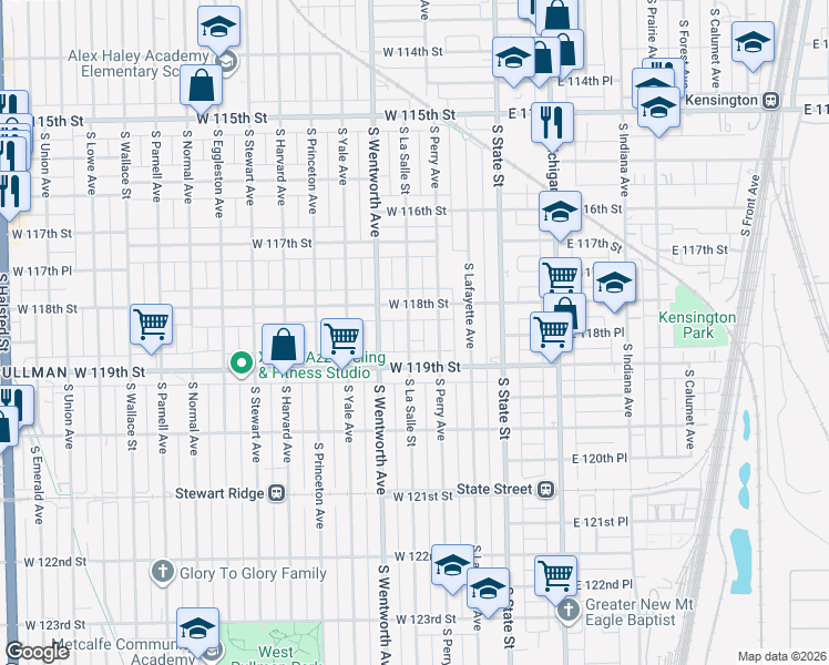 map of restaurants, bars, coffee shops, grocery stores, and more near 11827 South La Salle Street in Chicago