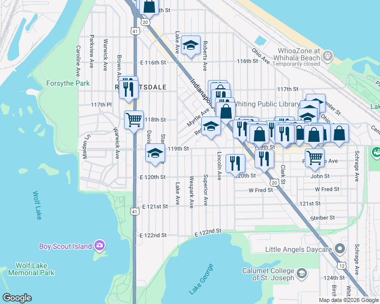 map of restaurants, bars, coffee shops, grocery stores, and more near 950 119th Street in Whiting