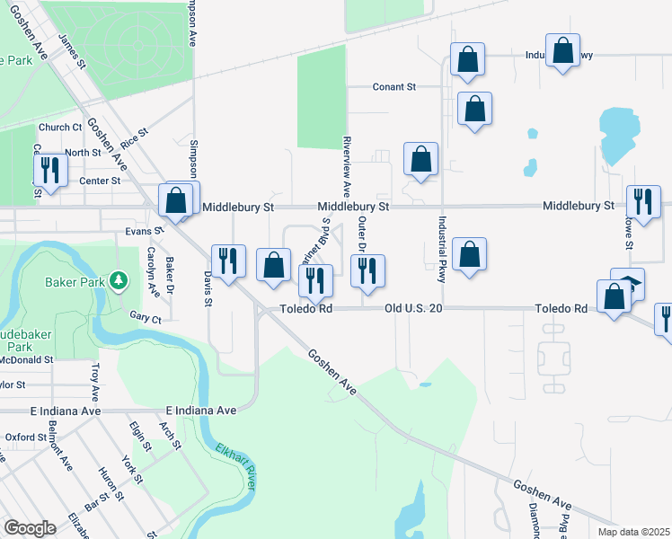 map of restaurants, bars, coffee shops, grocery stores, and more near 614 Clarinet Boulevard East in Elkhart