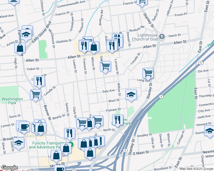 map of restaurants, bars, coffee shops, grocery stores, and more near 167 Oak Street in New Britain