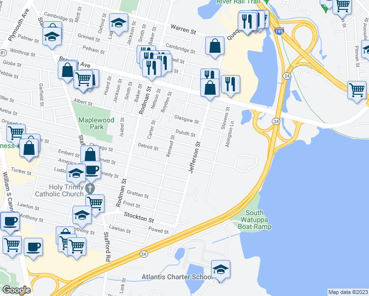 map of restaurants, bars, coffee shops, grocery stores, and more near 169 Denver Street in Fall River