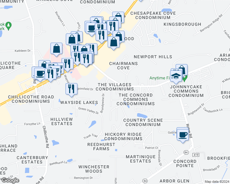 map of restaurants, bars, coffee shops, grocery stores, and more near 7024 Buckhurst Pl in Mentor