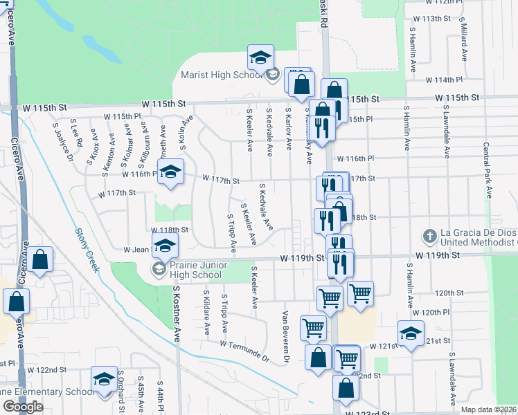 map of restaurants, bars, coffee shops, grocery stores, and more near 11728 South Kedvale Avenue in Alsip