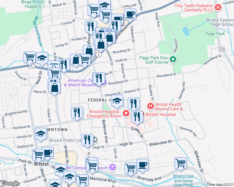 map of restaurants, bars, coffee shops, grocery stores, and more near 57 Stearns Street in Bristol
