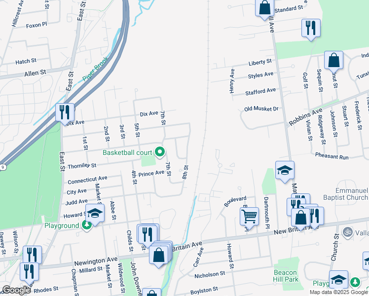 map of restaurants, bars, coffee shops, grocery stores, and more near 143 8th Street in Newington