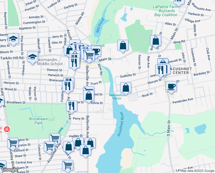 map of restaurants, bars, coffee shops, grocery stores, and more near 180 River Road in New Bedford