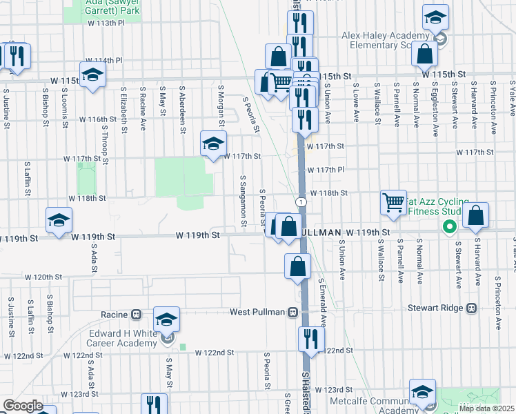 map of restaurants, bars, coffee shops, grocery stores, and more near 11816 South Peoria Street in Chicago