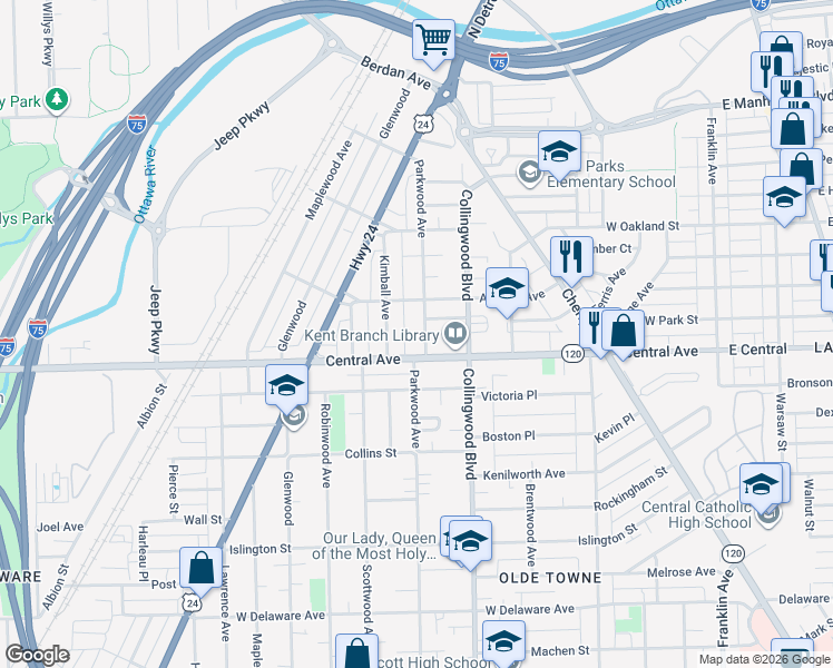 map of restaurants, bars, coffee shops, grocery stores, and more near 3123 Parkwood Avenue in Toledo
