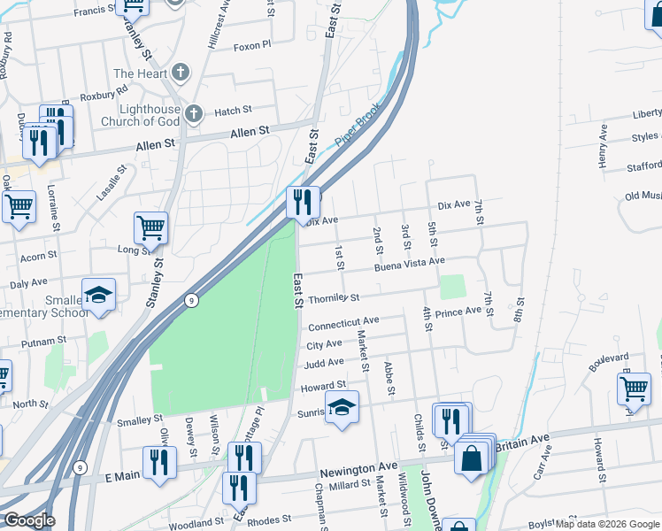 map of restaurants, bars, coffee shops, grocery stores, and more near 44 Greenfield Drive in New Britain