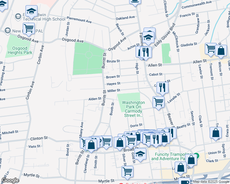 map of restaurants, bars, coffee shops, grocery stores, and more near 148 Miller Street in New Britain
