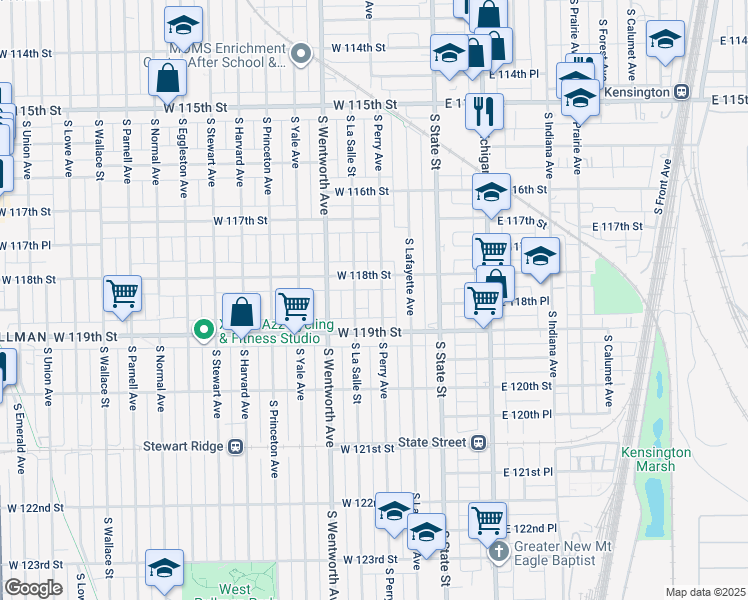 map of restaurants, bars, coffee shops, grocery stores, and more near 11824 S Perry Ave in Chicago