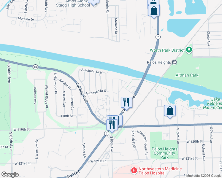map of restaurants, bars, coffee shops, grocery stores, and more near 11752 Seagull Lane in Palos Heights