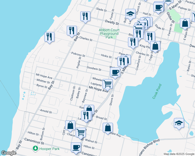 map of restaurants, bars, coffee shops, grocery stores, and more near 56 Wheeler St in Fall River