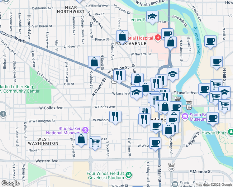 map of restaurants, bars, coffee shops, grocery stores, and more near 601 West Lasalle Avenue in South Bend