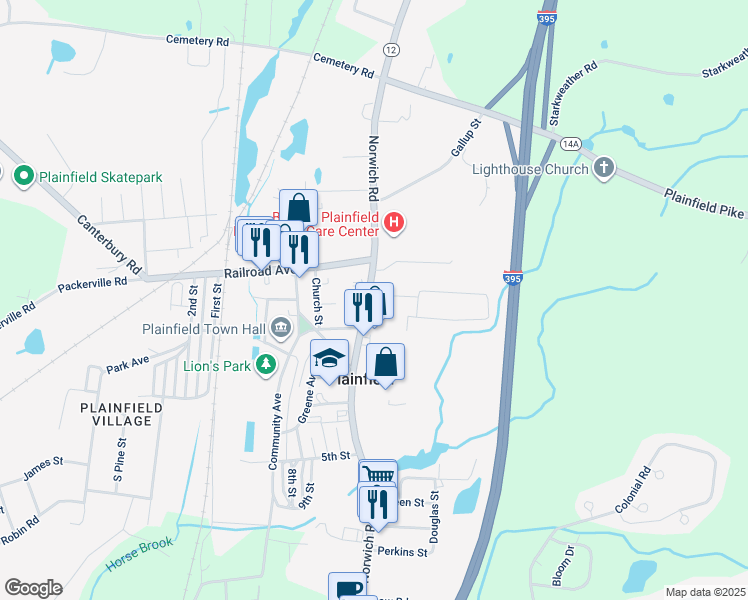 map of restaurants, bars, coffee shops, grocery stores, and more near 612 Norwich Road in Plainfield