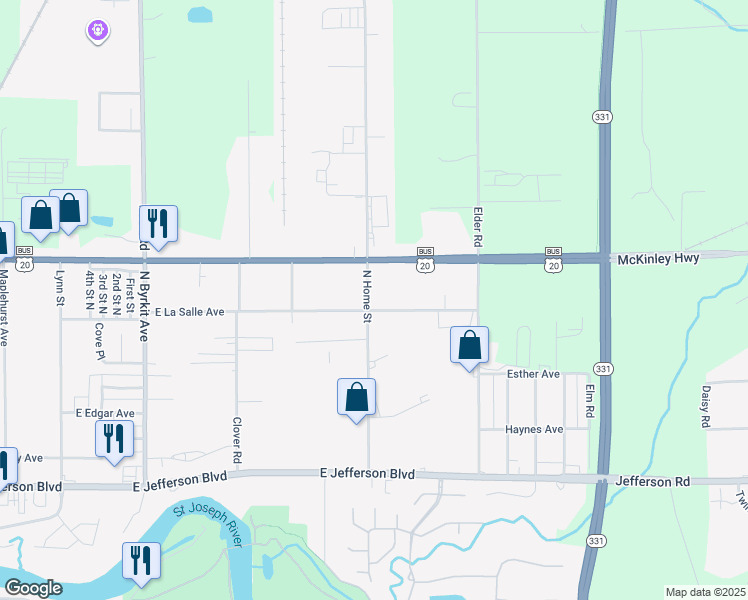 map of restaurants, bars, coffee shops, grocery stores, and more near 2110 North Home Street in Mishawaka