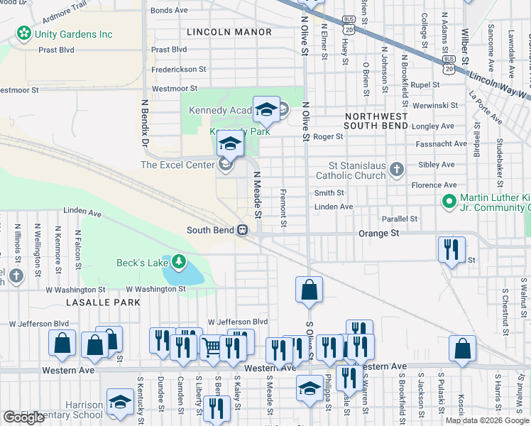 map of restaurants, bars, coffee shops, grocery stores, and more near 2551 Lawton Street in South Bend