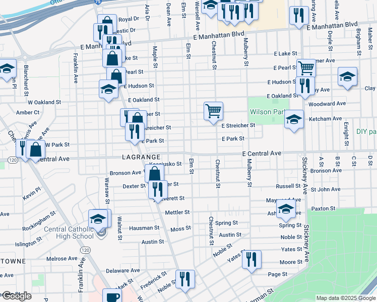 map of restaurants, bars, coffee shops, grocery stores, and more near 3101 Elm St in Toledo