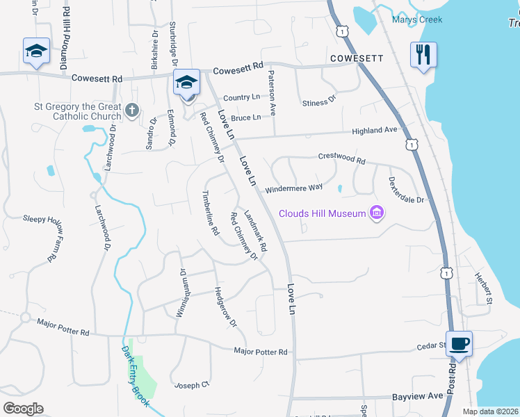 map of restaurants, bars, coffee shops, grocery stores, and more near 247 Love Lane in Warwick