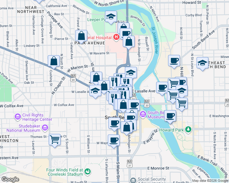 map of restaurants, bars, coffee shops, grocery stores, and more near 220 W Lasalle Ave in South Bend
