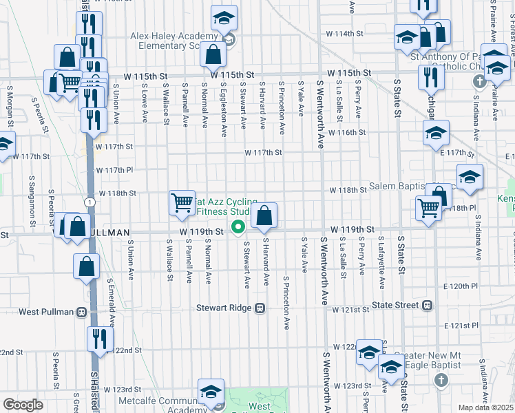 map of restaurants, bars, coffee shops, grocery stores, and more near 11820 South Harvard Avenue in Chicago