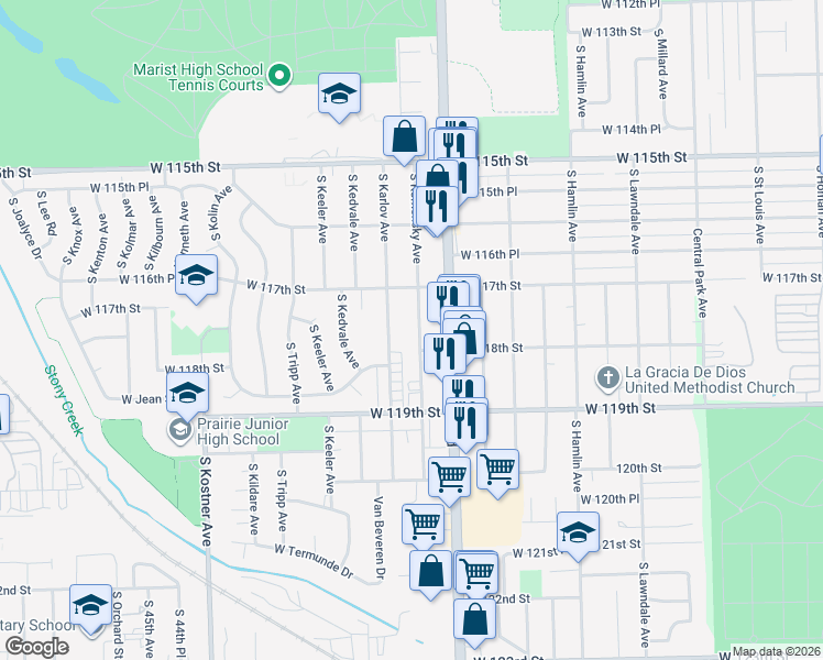 map of restaurants, bars, coffee shops, grocery stores, and more near 11726 South Komensky Avenue in Alsip