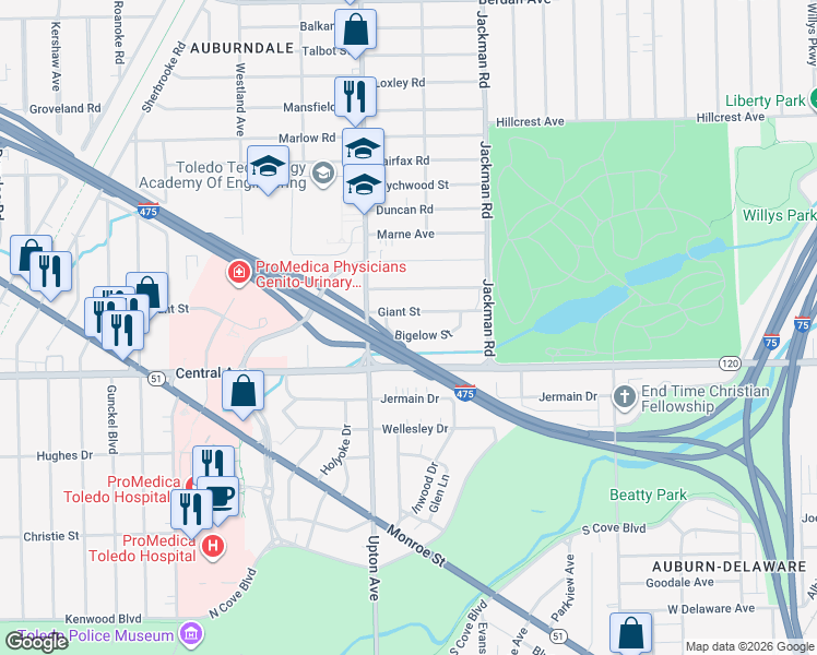 map of restaurants, bars, coffee shops, grocery stores, and more near 1822 Bigelow St in Toledo