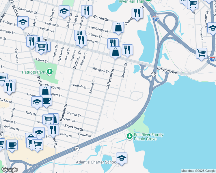 map of restaurants, bars, coffee shops, grocery stores, and more near Jefferson Street in Fall River