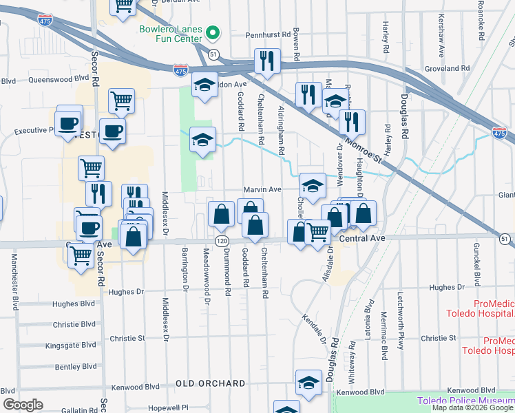 map of restaurants, bars, coffee shops, grocery stores, and more near 3151 Cheltenham Rd in Toledo