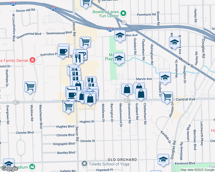 map of restaurants, bars, coffee shops, grocery stores, and more near 3148 Middlesex Drive in Toledo