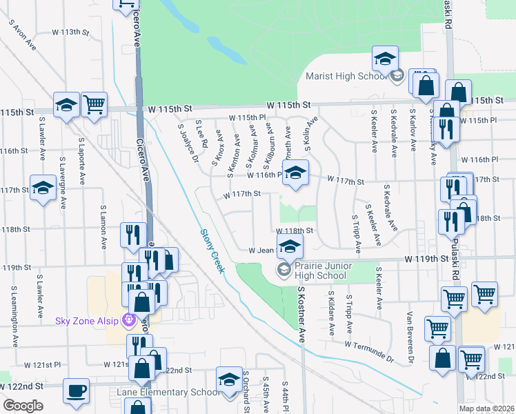 map of restaurants, bars, coffee shops, grocery stores, and more near 11711 South Rosemary Lane in Chicago