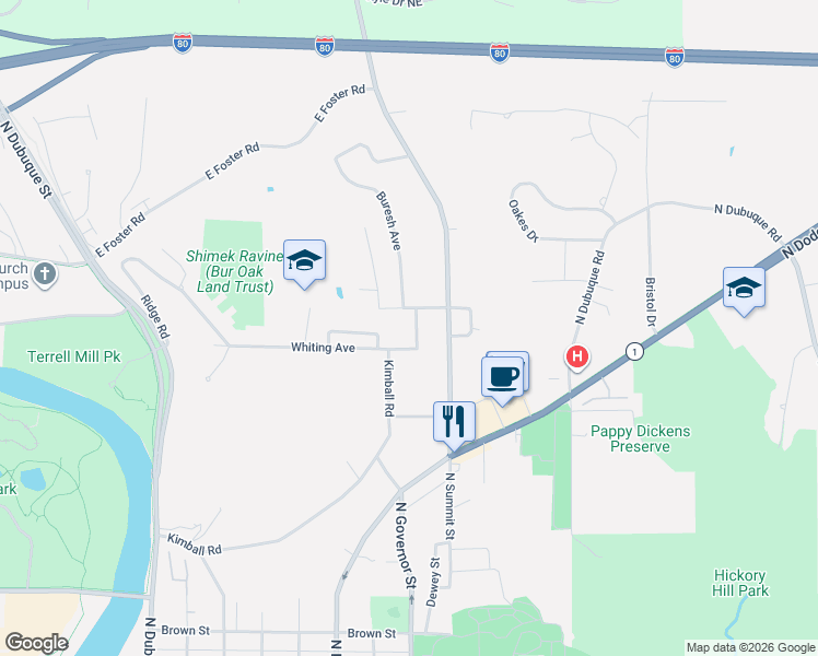 map of restaurants, bars, coffee shops, grocery stores, and more near 1315 Whiting Avenue Court in Iowa City