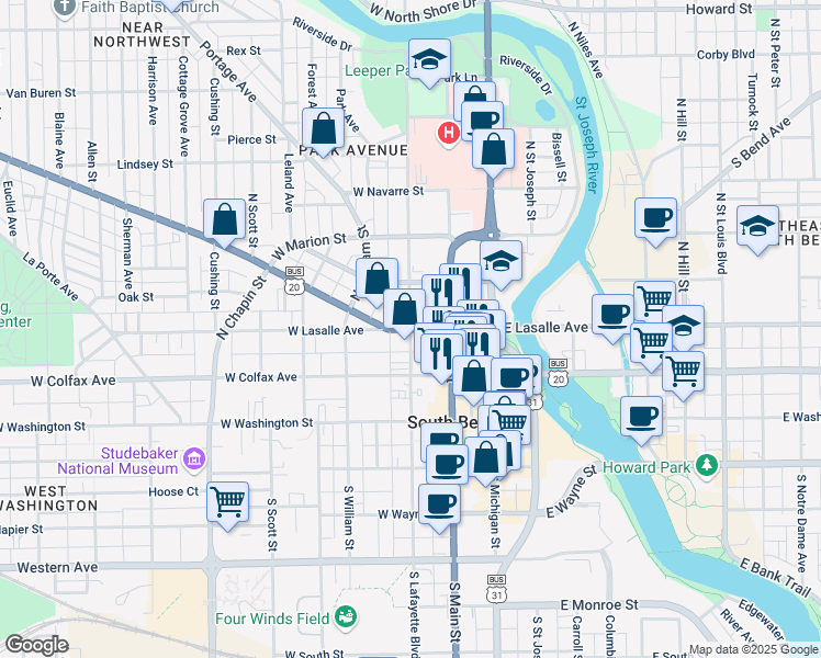 map of restaurants, bars, coffee shops, grocery stores, and more near in South Bend