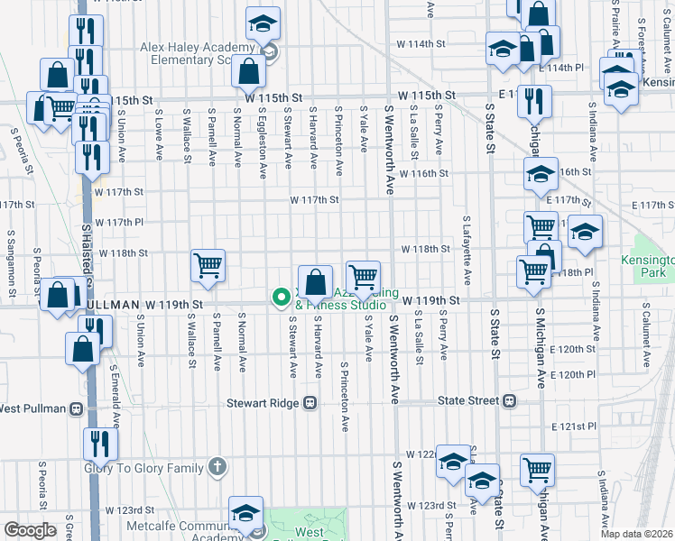 map of restaurants, bars, coffee shops, grocery stores, and more near 11820 South Princeton Avenue in Chicago