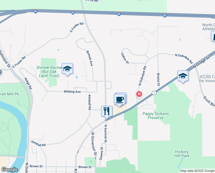 map of restaurants, bars, coffee shops, grocery stores, and more near 1316 Prairie Du Chien Road in Iowa City