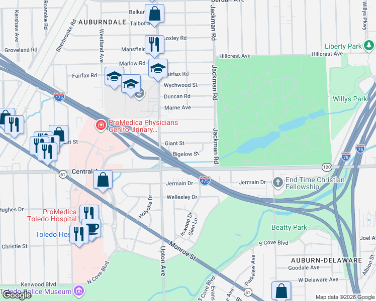 map of restaurants, bars, coffee shops, grocery stores, and more near 1822 Bigelow Street in Toledo