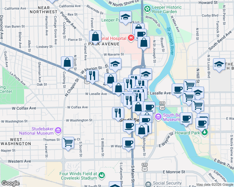 map of restaurants, bars, coffee shops, grocery stores, and more near 314 West La Salle Avenue in South Bend
